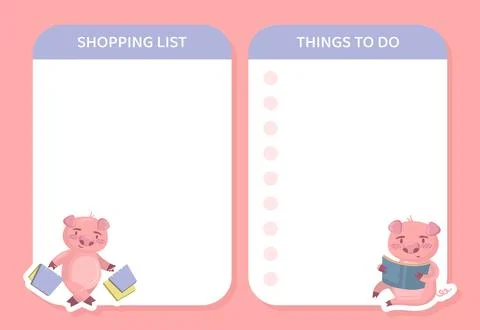 Empty Notepad Sheet with Funny Pig Character Vector Template Illustrazione stock