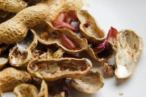 Empty nutshells of eaten peanuts as waste for recycling. Macro shot. Stock Photos