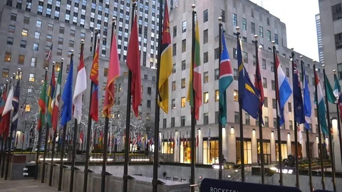 Empty NYC Rockefeller Center Flags Moving Parallax Stock Footage 127930355