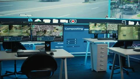 Empty observation room with a big screen to monitor traffic surveillance Stock Photos
