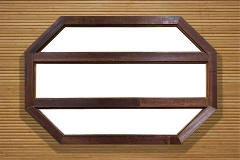 Empty octagonal wooden frame mounted on a bamboo wall, decorative panel backgrou Stock Illustration