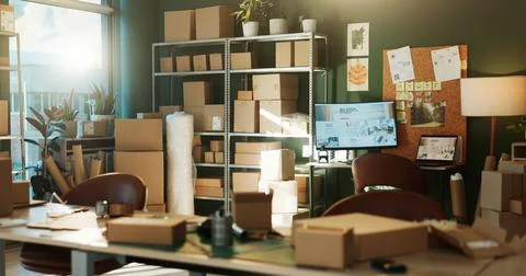 Empty, office and boxes with desk for logistics, supply chain and distribut.. Stock Photos