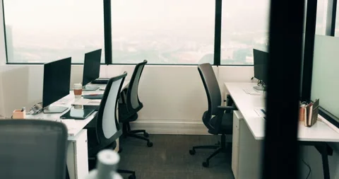 Empty, office and coworking space with computer for business, workflow and Stock Footage 336245163