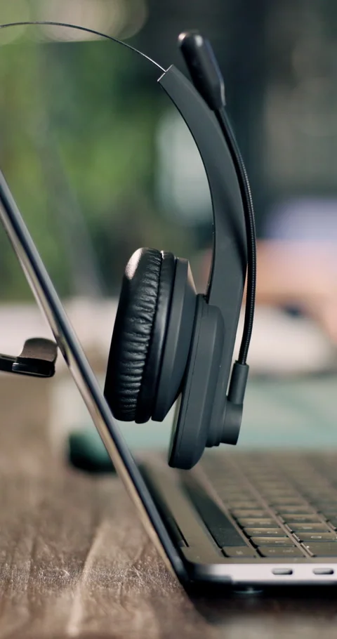 Empty, office and headset at call center with laptop, contact us and customer Stock Footage 340603869