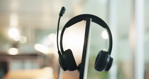 Empty, office and headset on computer in call center for lead generation, online Stock-Footage 316813074