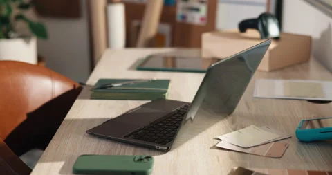 Empty, office and laptop at small business for ecommerce, logistics and color Stock Footage 346290354