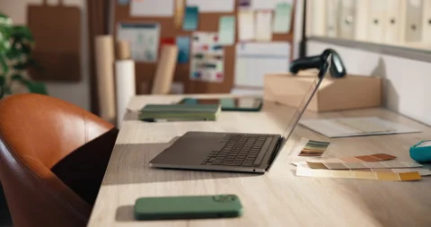 Empty, office and laptop at startup for ecommerce, logistics and color palette Stock Footage 346293324