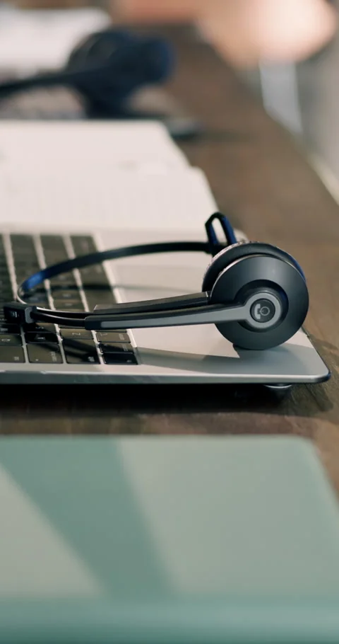 Empty, office and mic at call center with laptop, contact us and customer Stock Footage 340602199