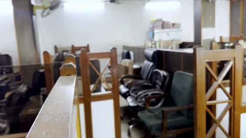 Empty Office Chairs and Tables Inside Old Styled Cabins Stock Footage 341498070