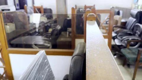 Empty Office Chairs and Tables Inside Old Styled Cabins Stock Footage 341498323