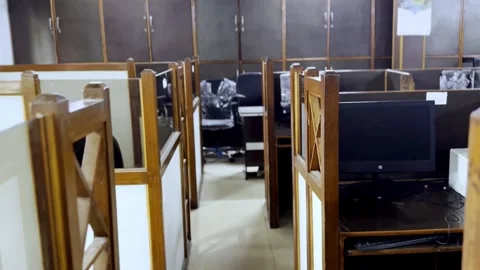 Empty Office Chairs and Tables Inside Old Styled Cabins Stock Footage 341920757
