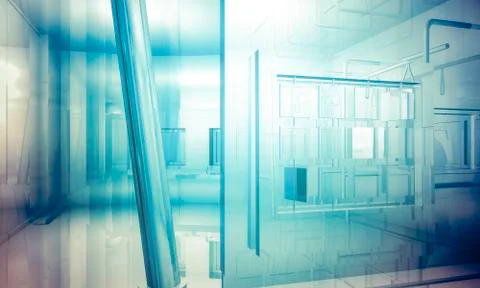 Empty office with columns and large windows, indoor building. business space  Ilustración de archivo