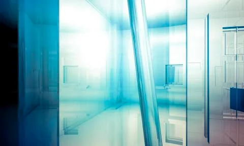 Empty office with columns and large windows, indoor building. business space  Ilustración de archivo