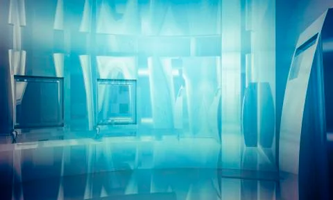 Empty office with columns and large windows, indoor building. business space  Ilustración de archivo