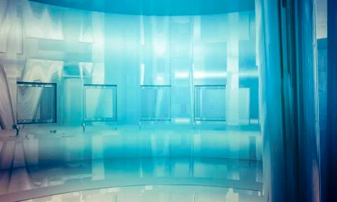 Empty office with columns and large windows, indoor building. business space  Ilustración de archivo