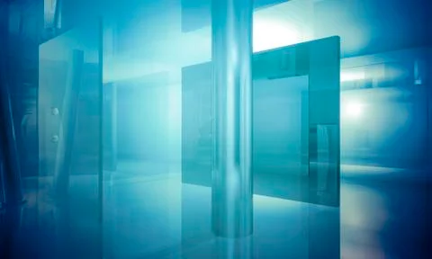 Empty office with columns and large windows, indoor building. business space  Ilustración de archivo