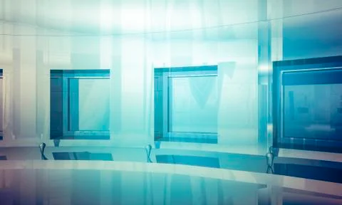 Empty office with columns and large windows, indoor building. business space  Ilustración de archivo