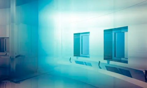 Empty office with columns and large windows, indoor building. business space  Ilustración de archivo