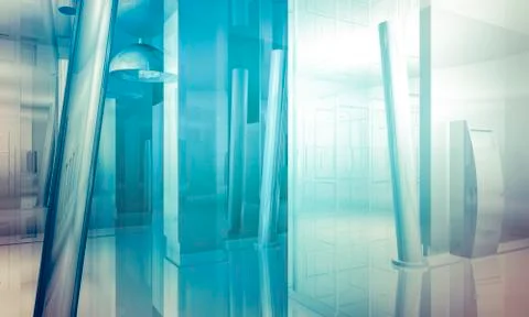 Empty office with columns and large windows, indoor building. business space  Ilustración de archivo