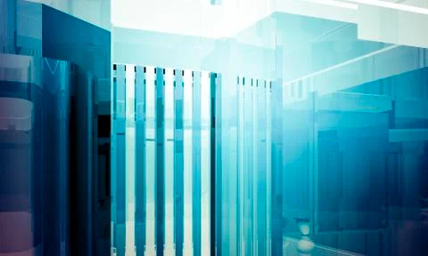 Empty office with columns and large windows, indoor building. business space  Ilustración de archivo