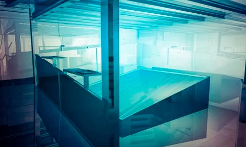 Empty office with columns and large windows, indoor building. business space  Ilustración de archivo