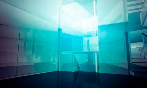 Empty office with columns and large windows, indoor building. business space  Ilustración de archivo