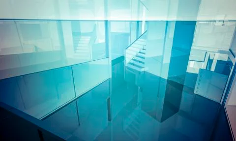 Empty office with columns and large windows, indoor building. business space  Ilustración de archivo