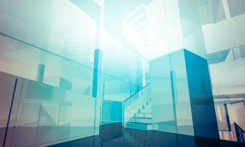 Empty office with columns and large windows, indoor building. business space  Ilustración de archivo