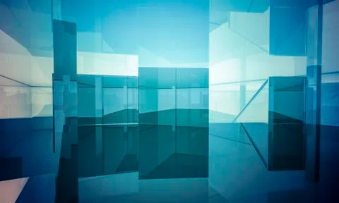 Empty office with columns and large windows, indoor building. business space  Ilustración de archivo