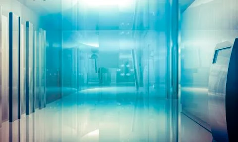 Empty office with columns and large windows, indoor building. business space  Ilustración de archivo