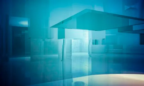 Empty office with columns and large windows, indoor building. business space  Ilustración de archivo