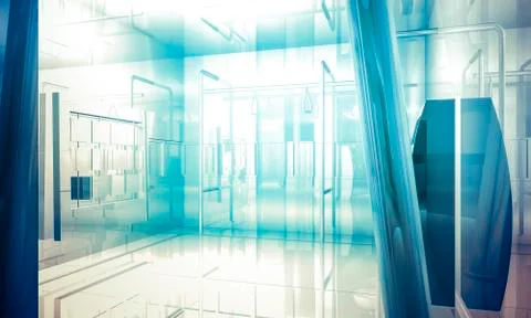 Empty office with columns and large windows, indoor building. business space  Ilustración de archivo