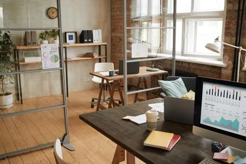 Empty office with computers Stock Photos