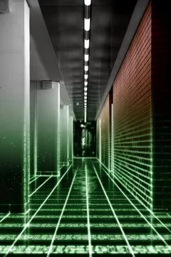 Empty office corridor with data beams, cgi 库存照片
