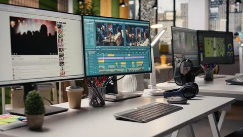 Empty office desk with computer running movie editing software Stock Photos