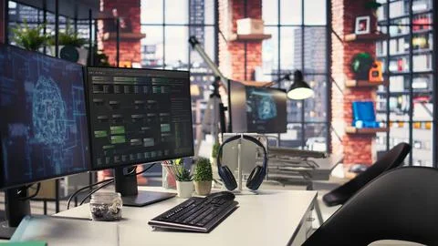 Empty office desk with computer screen showing terminal windows Foto stock