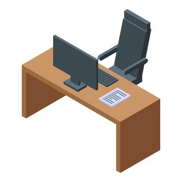 Empty office desk featuring a desktop computer, keyboard and ergonomic chair Stock Illustration