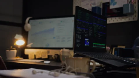Empty Office Desk at Night with Laptop Showing Programming Code Stock Footage 338414639