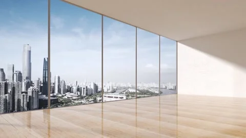 Empty office with glass window and wooden floor 3d rendered Video stock 166139639