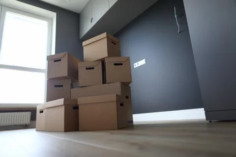 Empty office interior, boxes stand near window Stock Photos