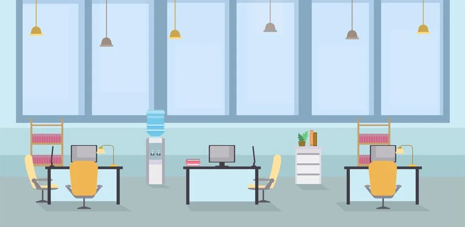 Empty office interior cartoon vector illustration. Coworking open space, tables 스톡 일러스트
