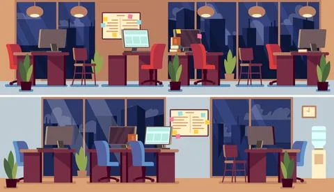 Empty office interior. Night business interiors, coworking zone or manager room Stock Illustration