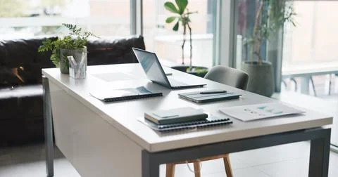 Empty office, laptop and tablet with documents for data analysis, stats rev.. Stock Photos
