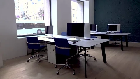 Empty office with no employees. room with workplace and blue chairs, computers. Stock Footage 166357534