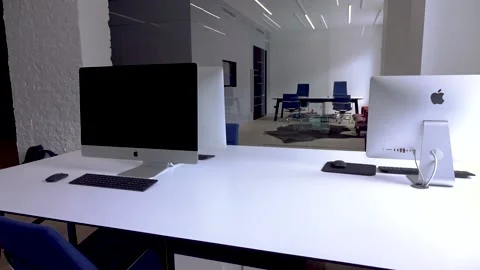 Empty office with no employees. room with workplace chairs, computers on table. Stock Footage 166357574