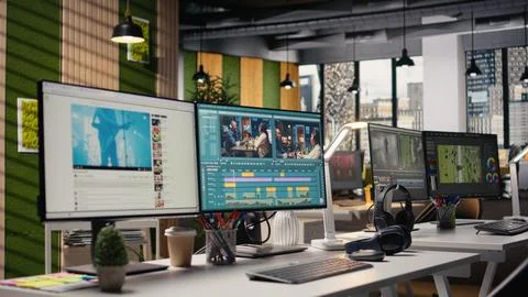 Empty office with no people featuring powerful PC dual monitors Stock Photos