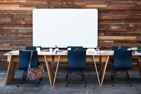 Empty, office or documents with whiteboard for meeting room, editorial plan.. Stock Photos