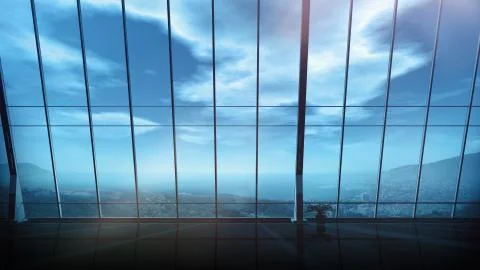 Empty office with panoramic window and coastal landscape. Illustrazione stock