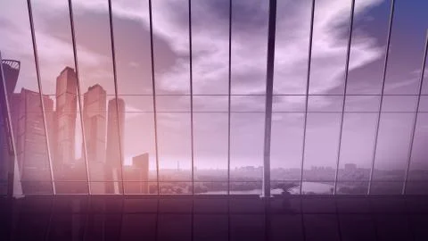 Empty office with panoramic windows overlooking the cityscape with skyscrapers. Stock Illustration