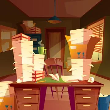 Empty office with piles of paper, paperwork Stockillustratie